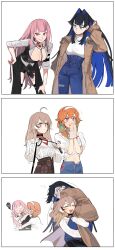 Rule 34 | 3koma, 4girls, absurdres, ahoge, bent over, black hair, blue eyes, blue hair, blunt bangs, blunt ends, braid, breasts, brown hair, carrying, carrying person, choker, cleavage, closed eyes, comic, eus ing, flying sweatdrops, hair between eyes, hair intakes, highres, hololive, hololive english, large breasts, long hair, long sleeves, mori calliope, mori calliope (sheriff), multiple girls, nanashi mumei, nanashi mumei (casual), navel, open mouth, orange hair, ouro kronii, ouro kronii (casual), pink hair, simple background, smile, takanashi kiara, takanashi kiara (casual), teeth, tongue, twin braids, very long hair, virtual youtuber, white background, yuri