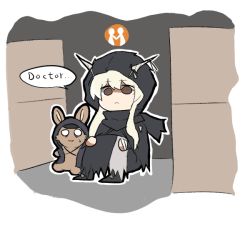 Rule 34 | 1girl, arknights, black cloak, box, brown eyes, cameo, cardboard box, character doll, chibi, cloak, commentary request, crying, doctor (arknights), english text, gameplay mechanics, hair between eyes, holding, holding staff, hood, horns, hugging own legs, korean commentary, long hair, omo (h98013114), shaded face, shining (arknights), sidelocks, silver hair, speech bubble, staff, stuffed animal, stuffed rabbit, stuffed toy