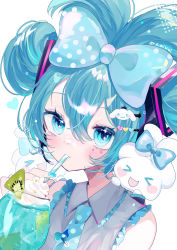 Rule 34 | &gt; &lt;, 1girl, :d, alternate hairstyle, animal, animal hair ornament, aqua eyes, aqua hair, aqua nails, bare shoulders, blue bow, blue necktie, blush, bow, cinnamiku, cinnamoroll, closed eyes, commentary, crossover, cup, drink, drinking glass, drinking straw, drinking straw in mouth, eyelashes, fingernails, folded twintails, food, frilled shirt, frills, fruit, hair between eyes, hair bow, hair ornament, hairclip, hatsune miku, heart, heart hair ornament, highres, holding, holding drinking straw, kiwi (fruit), long hair, looking at viewer, nail polish, necktie, open mouth, polka dot, polka dot bow, portrait, rabbit, sakurato remi, sanrio, shirt, simple background, sleeveless, smile, star (symbol), star in eye, symbol in eye, tied ears, twitter username, updo, vocaloid, whipped cream, white background, white shirt