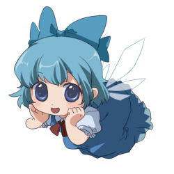 Rule 34 | 1girl, blue eyes, blue hair, bow, chaba (hortensia), chibi, cirno, dress, embodiment of scarlet devil, female focus, full body, hair bow, matching hair/eyes, short hair, simple background, solo, touhou, white background, wings