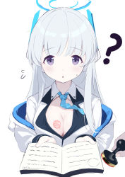 Rule 34 | 1girl, 1other, :o, ?, absurdres, blue archive, book, breasts, cleavage, collared shirt, commentary request, flying sweatdrops, grey hair, halo, headgear, highres, holding, holding book, jacket, leilin, long hair, looking at viewer, medium breasts, noa (blue archive), off shoulder, open book, open clothes, open jacket, parted lips, purple eyes, shirt, simple background, solo focus, stamp mark, upper body, white background, white jacket, white shirt