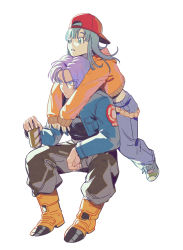 Rule 34 | 1boy, 1girl, aqua nails, arm support, arms around neck, ayunnnnn1, baggy pants, baseball cap, black shirt, blue eyes, blue hair, boots, bra (dragon ball), breast pocket, brother and sister, brown pants, can, chain, chin rest, closed mouth, commentary request, denim, dragon ball, dragonball z, drink, expressionless, eyelashes, facing viewer, fingernails, frown, full body, green footwear, hat, head on head, head rest, highres, holding, holding can, hug, hug from behind, jacket, jeans, looking afar, nail polish, aged up, open clothes, open jacket, orange footwear, orange jacket, pants, parted lips, pocket, purple hair, red headwear, serious, shaded face, shirt, siblings, simple background, sleeves past wrists, tareme, time paradox, trunks (dragon ball), trunks (future) (dragon ball), v-shaped eyebrows, white background, wide-eyed