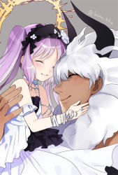 Rule 34 | 1boy, 1girl, armlet, asterios (fate), bare shoulders, bracelet, carrying, choker, closed eyes, dark-skinned male, dark skin, dress, euryale (fate), euryale (third ascension) (fate), fate/grand order, fate/hollow ataraxia, fate (series), flower, forehead-to-forehead, frilled dress, frills, hairband, halo, headdress, heads together, horns, jewelry, kana, lolita hairband, long hair, necklace, purple hair, signature, smile, twintails, twitter username, white hair