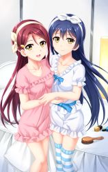 Rule 34 | 10s, 2girls, :d, bed, blue hair, blush, breasts, brown hair, collarbone, dress, hair brush, hair ornament, hair ribbon, hairband, hairclip, highres, in-franchise crossover, long hair, looking at viewer, love live!, love live! school idol project, love live! sunshine!!, medium breasts, multiple girls, open mouth, pillow, pink dress, puffy short sleeves, puffy sleeves, red hair, ribbon, sakurauchi riko, short sleeves, smile, sonoda umi, striped clothes, striped legwear, striped thighhighs, thighhighs, tucana, very long hair, white dress, yellow eyes