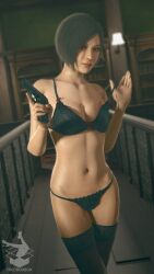 1girl ada_wong ada_wong_(adriana) asian bad_tag black_bra black_hair black_panties bob_cut bra breasts cleavage crossed_legs crudbox3d eyeshadow female frilled_bra frilled_thong frills gun handgun hands_up highres lingerie lingerie_bra lingerie_panties makeup medium_breasts pistol removing_bra resident_evil resident_evil_2 ribbon smile source_filmmaker_(medium) thighhighs thong underwear weapon