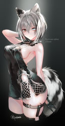 Rule 34 | 1girl, absurdres, animal ear fluff, animal ears, arm up, black background, black dress, blue eyes, blush, breasts, brown eyes, chromatic aberration, closed mouth, commentary request, cropped legs, dog ears, dog girl, dog tail, dress, eyes visible through hair, grey hair, hair between eyes, heterochromia, highres, large breasts, lyalya (pottsness), mole, mole on armpit, original, pottsness, revision, russian text, short dress, short hair, sideboob, simple background, skindentation, sleeveless, sleeveless dress, solo, tail, thigh strap