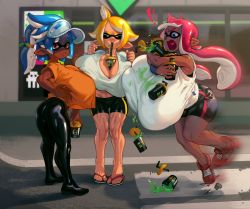 Rule 34 | 3girls, accident, ass, between breasts, blue eyes, breast press, breasts, city, cleavage, cup, dark-skinned female, dark skin, disposable cup, domino mask, eigaka, falling, gigantic breasts, hand on own hip, highres, huge breasts, inkling player character, latex, latex legwear, mask, messy, multiple girls, nintendo, red eyes, sandals, shiny clothes, shirt, shoes, short shorts, shorts, sneakers, soda, spill, splatoon (series), standing, tentacle hair, tripping, visor cap