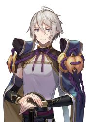 Rule 34 | 1boy, ahoge, armor, azarashi ball, blue eyes, cape, chinese armor, chinese clothes, cleavage cutout, clothing cutout, detached sleeves, fate/grand order, fate (series), grey hair, hand on hand, highres, ornament, prince of lan ling (fate), ribbon, smile, sword, weapon