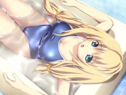 Rule 34 | 1girl, :o, amilias, aqua eyes, bath, bathtub, blonde hair, blue eyes, breasts, cameltoe, cleavage, competition school swimsuit, dutch angle, from above, game cg, hitsujimura saki, large breasts, long hair, lying, one-piece swimsuit, school swimsuit, solo, source request, swimsuit, tiles, twintails, wallpaper, wet, wondering repair