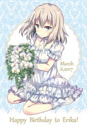 Rule 34 | 10s, 1girl, 2017, blue eyes, breasts, choker, collarbone, dated, dress, english text, flower, frilled dress, frilled sleeves, frilled socks, frills, girls und panzer, happy birthday, itsumi erika, layered dress, looking at viewer, march, neck ribbon, orchid, puffy sleeves, ribbon, silver hair, sitting, small breasts, smile, socks, solo, takitarou, text focus, white flower, yokozuwari