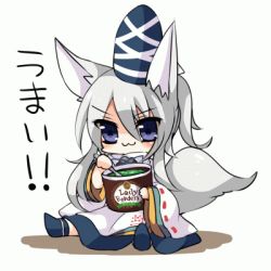 Rule 34 | 1girl, :3, animal ears, bad id, bad pixiv id, blue eyes, blush, food, fox ears, fox tail, hat, ice cream, kaenuco, lady borden, long hair, lowres, mononobe no futo, product placement, silver hair, simple background, sitting, solo, spoon, tail, touhou, white background