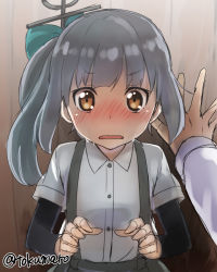 Rule 34 | 10s, 1boy, 1girl, admiral (kancolle), against wall, arm warmers, blush, grey hair, hair ornament, hair ribbon, hand on wall, hetero, kantai collection, kasumi (kancolle), long hair, looking at viewer, open mouth, out of frame, ponytail, pov, pov hands, ribbon, school uniform, side ponytail, solo focus, suspenders, sweat, tokumaro, twitter username, kabedon, yellow eyes