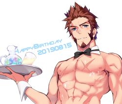Rule 34 | 1boy, 2019, abs, blue eyes, bow, bowtie, brown hair, detached collar, facial hair, fate/grand order, fate (series), goatee, happy birthday, highres, holding, kivo some 18 (voice actor), large pectorals, long sideburns, looking at viewer, male focus, muscular, napoleon bonaparte (fate), nipples, pectorals, revealing clothes, scar, serving, sideburns, simple background, solo, topless male, tray, wrist cuffs