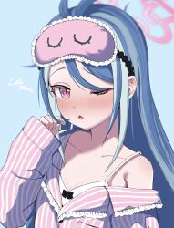 Rule 34 | 1girl, alternate costume, alternate hairstyle, blue archive, blue background, blue hair, blurry, blush, collarbone, commentary request, depth of field, frilled shirt, frills, fubuki (blue archive), halo, highres, inchore, long hair, looking at viewer, multicolored hair, off shoulder, one eye closed, pajamas, parted lips, pink eyes, pink pajamas, shirt, simple background, sleep mask, solo, streaked hair, tearing up, upper body