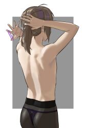 Rule 34 | 1boy, androgynous, ass, back, bare back, brown hair, crossdressing, dima (girls&#039; frontline), from behind, genderswap, genderswap (ftm), girls&#039; frontline, girly boy, hands in hair, highres, holding, holding hair, lingerie, male focus, nape, panties, panties under pantyhose, pantyhose, ponytail, purple panties, short ponytail, shortofsugar, sidelocks, simple background, solo, thong, topless, topless male, trap, tying hair, underwear, underwear only, upper body