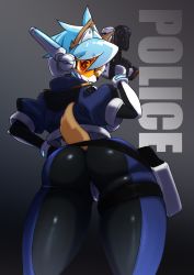 Rule 34 | 1girl, ass, english text, female focus, from behind, furry, furry female, gradient background, gun, highres, looking back, mayoi89g, original, ramune (mayoi89g), robot ears, solo, tail, visor, weapon