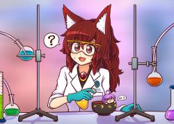 Rule 34 | 2girls, :i, ?, ahoge, alternate costume, animal ear fluff, animal ears, beaker, bowl, brooch, brown hair, chemistry, commentary, cylinder, english text, erlenmeyer flask, fang, flask, gloves, goggles, gradient background, imaizumi kagerou, jewelry, lab coat, laboratory, meme, mini person, minigirl, multiple girls, purple hair, red eyes, round-bottom flask, sleeves rolled up, solid circle eyes, speech bubble, spoken question mark, sukuna shinmyoumaru, sweatdrop, touhou, tube, upper body, wolf ears, wool (miwol)