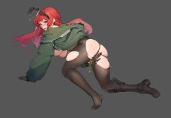 Rule 34 | absurdres, ass, beeeeen, black background, black footwear, black gloves, boots, breasts, character request, commentary request, female masturbation, fingering, gloves, green jacket, highres, jacket, kneeling, last origin, leprechaun (last origin), long hair, long sleeves, looking at viewer, masturbation, medium breasts, nipples, pantyhose, pussy juice, red hair, simple background, single boot, torn clothes, torn pantyhose