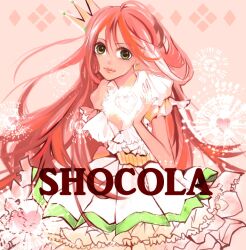 Rule 34 | 1girl, character name, chocolat meilleure, commentary, crown, dress, earrings, frilled dress, frills, green eyes, heart, holding, holding heart, ikasun, jewelry, long hair, looking at viewer, orange hair, pointy ears, puffy sleeves, smile, solo, sugar sugar rune