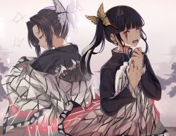 Rule 34 | 2girls, absurdres, black hair, black jacket, blood, blood on face, blunt bangs, bug, butterfly, butterfly hair ornament, closed eyes, commentary request, crying, gradient hair, hair ornament, hands up, highres, holding, insect, jacket, kimetsu no yaiba, kochou shinobu, long hair, long sleeves, multicolored hair, multiple girls, norazura, open mouth, parted bangs, profile, purple hair, side ponytail, tears, tsuyuri kanao