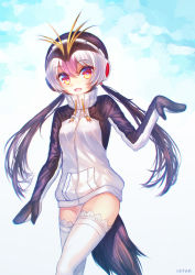 Rule 34 | 10s, 1girl, :d, absurdres, artist name, black hair, headphones, highres, hinasumire, kemono friends, lace, lace-trimmed legwear, lace trim, long hair, low twintails, open mouth, red eyes, royal penguin (kemono friends), signature, smile, solo, thighhighs, twintails, white thighhighs