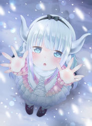 Rule 34 | 10s, 1girl, bad id, bad pixiv id, beads, black bow, black hairband, blue eyes, blunt bangs, blush, bow, capelet, dragon girl, dragon horns, dress, from above, full body, hair beads, hair bow, hair ornament, hairband, himawarino-tane, horns, kanna kamui, kobayashi-san chi no maidragon, long hair, looking at viewer, looking up, monster girl, open mouth, outstretched arms, silver hair, snow, snowing, solo, standing, thighhighs, twintails, white thighhighs