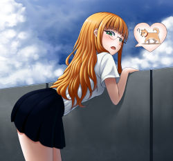 Rule 34 | 1girl, ?, amase (yagami666), bent over, black skirt, blush, dog, freckles, glasses, green eyes, leaning forward, long hair, looking at viewer, open mouth, orange hair, original, school, skirt, solo, speech bubble, spoken question mark