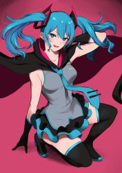 Rule 34 | 1girl, absurdres, aqua eyes, aqua hair, aqua necktie, black cape, black gloves, black skirt, black thighhighs, boots, breasts, cape, commentary, gloves, grey shirt, hair between eyes, hair ornament, hand in own hair, hand up, hatsune miku, highres, licking lips, long hair, medium breasts, miniskirt, necktie, nishikino kee, on one knee, pleated skirt, red background, shirt, shoulder tattoo, skindentation, skirt, sleeveless, sleeveless shirt, solo, tattoo, thigh boots, thighhighs, tongue, tongue out, twintails, vampire, very long hair, vocaloid