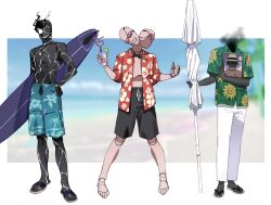 Rule 34 | 3boys, abs, beach umbrella, black skin, black suit (blue archive), blue archive, colored skin, cup, doll joints, floral print, full body, glowing, glowing eye, golconda &amp; decalcomania (blue archive), green shirt, hand on own hip, hawaiian shirt, highres, holding, joints, maestro (blue archive), male focus, male swimwear, mitsutsuka, monster, multiple boys, multiple heads, open clothes, open shirt, pants, red shirt, sandals, shirt, standing, summer, sunglasses, surfboard, swim trunks, thumbs up, toned, toned male, topless male, umbrella, white pants