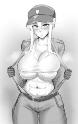 Rule 34 | 1girl, abs, artoria pendragon (fate), artoria pendragon (lancer) (fate), baseball cap, blush, breasts, cleavage, commission, crop top, covered erect nipples, fate/grand order, fate (series), gloves, greyscale, hat, highres, hot, huge breasts, jumpsuit, monochrome, monochrome, navel, no bra, open clothes, roresu, shirt, sidelocks, sketch, skindentation, solo, standing, sweat, taut clothes, taut shirt, thighs, underboob, undressing