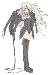 Rule 34 | 1girl, black gloves, boots, code: nemesis (elsword), elsword, eve (elsword), female focus, flat color, full body, gloves, long hair, panties, raven cronwell, ribbon, simple background, solo, thigh boots, thighhighs, underwear, waero, white background, white ribbon, yellow eyes