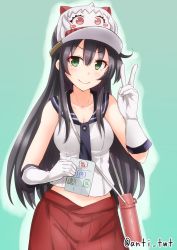 Rule 34 | &gt;:), 10s, 1girl, agano (kancolle), anti (untea9), baseball cap, black hair, blush, breasts, cleavage, female focus, gloves, green eyes, hat, highres, horns, jpeg artifacts, kantai collection, large breasts, long hair, looking at viewer, midriff, necktie, northern ocean princess, oni horns, pleated skirt, red eyes, school uniform, serafuku, simple background, skirt, smile, solo, twitter username, v, v-shaped eyebrows, white gloves