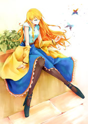 Rule 34 | 1girl, aqua eyes, belt, blonde hair, breasts, bug, butterfly, earrings, high heels, highres, bug, jewelry, knees together feet apart, long hair, long legs, long skirt, necklace, off shoulder, orangina, pantyhose, personification, ryuga (balius), sitting, skirt, solo