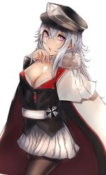 Rule 34 | 1girl, azur lane, breasts, cleavage, graf zeppelin (azur lane), hand on own head, hat, highres, jacket, long hair, looking at viewer, medium breasts, military, military hat, military uniform, open clothes, pantyhose, purple eyes, silver hair, simple background, skirt, solo, standing, tsyn, uniform