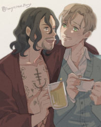 Rule 34 | 2boys, arm around shoulder, beard, black hair, brown hair, collar, collarbone, cup, eyebrows, facial hair, facial scar, green eyes, hair between eyes, harry potter (series), holding, holding cup, holding mug, looking at another, male focus, mug, multiple boys, mustache, open mouth, remus lupin, scar, scar on cheek, scar on face, scar on neck, short hair, sirius black, smile, tattoo, teeth, twitter username, unbuttoned, unbuttoned shirt, wing collar, wizarding world
