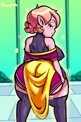Rule 34 | 1girl, alternate breast size, artist name, ass, ass shake, bare shoulders, black eyes, blush, breasts, chronoa, colored skin, dragon ball, dragon ball heroes, dragon ball xenoverse, earrings, francyart34, highres, huge ass, jewelry, large breasts, leotard, leotard under clothes, looking at viewer, looking back, nipples, pink hair, pink skin, pointy ears, potara earrings, shiny skin, short hair, signature, smile, solo, standing, twerking, twitter username, wide hips