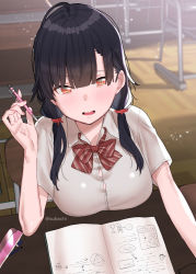 Rule 34 | 1girl, black hair, blush, bow, breasts, chair, collared shirt, commentary request, desk, diagonal stripes, eraser, eyebrows hidden by hair, hair between eyes, hair over shoulder, hand up, holding, holding pencil, indoors, large breasts, long hair, looking at viewer, low twintails, nail polish, on chair, original, parted lips, pencil, pencil case, pink nails, red bow, red eyes, school chair, school desk, school uniform, shirt, short sleeves, sitting, solo, striped, striped bow, subachi, twintails, twitter username, wavy mouth, white shirt