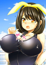 Rule 34 | 1girl, :o, animal ears, bare shoulders, black hair, blush, breasts, building, cleavage, climbing, collarbone, covered erect nipples, fake animal ears, female focus, giant, giantess, hair ribbon, hairband, highres, impossible clothes, impossible swimsuit, large breasts, long sleeves, mini person, miniboy, open mouth, orange eyes, original, rabbit ears, ribbon, shima yuri ika, shirt, solo focus, swimsuit, tears, upper body, white shirt