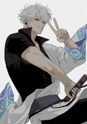 Rule 34 | 1boy, black shirt, commentary request, donggoureng2, gintama, grin, hadanugi dousa, highres, holding, holding sword, holding weapon, japanese clothes, kimono, looking at viewer, male focus, open clothes, open kimono, red eyes, sakata gintoki, shirt, short hair, smile, solo, sword, v, weapon, white background, white hair, white kimono, wooden sword