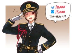 Rule 34 | 1girl, :d, bad id, bad twitter id, black hat, black jacket, brown background, collared shirt, commentary request, genso, gloves, gradient background, grey necktie, hand on own hip, hand up, hat, jacket, looking at viewer, milestone celebration, military, military uniform, musical note, necktie, one eye closed, open mouth, original, peaked cap, pouch, red eyes, salute, shirt, smile, solo, speech bubble, twitter logo, uniform, upper body, white gloves, white shirt, wing collar