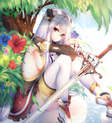 Rule 34 | 1girl, bikini, blue flower, boots, breasts, chixiao, closed mouth, commentary request, day, flower, gauntlets, hair between eyes, head tilt, highres, holding, holding sword, holding weapon, large breasts, long hair, long sleeves, original, outdoors, pleated skirt, purple flower, red eyes, red flower, red skirt, shirt, side-tie bikini bottom, sideboob, silver hair, sitting, skirt, swimsuit, sword, thighhighs, tree, very long hair, water, weapon, white footwear, white shirt, white thighhighs, yellow flower