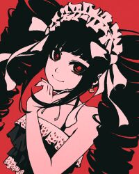 Rule 34 | 1girl, bare shoulders, black hair, black nails, bow, celestia ludenberg, closed mouth, danganronpa: trigger happy havoc, danganronpa (series), dress, drill hair, earrings, frilled dress, frills, gothic lolita, hair ribbon, hairband, hand on own chin, jewelry, lolita fashion, lolita hairband, long hair, looking at viewer, moshimoshibe, nail polish, red background, red eyes, ribbon, simple background, smile, solo, twin drills, upper body