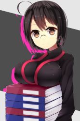 Rule 34 | 10s, 1girl, ahoge, black hair, book, breast rest, breasts, brown eyes, carried breast rest, carrying, glasses, highres, holding, holding book, lanyard, large breasts, looking at viewer, mori burin, servant x service, short hair, simple background, smile, solo, sweater, upper body, yamagami lucy