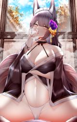 Rule 34 | 1girl, absurdres, animal, arm under breasts, aura, azur lane, black dress, black hair, blue sky, blush, breasts, camel, cameltoe, cleavage, cloud, collarbone, covered erect nipples, day, dress, flower, hair flower, hair ornament, hand to own mouth, highres, large breasts, looking at viewer, looking away, maid headdress, musashi (azur lane), navel, open clothes, open dress, samip, sitting, sky, solo, spread legs, tail, thighs, tree, underwear, window, yellow eyes