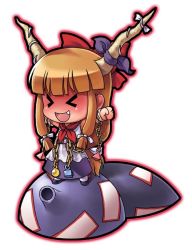 Rule 34 | &gt; &lt;, 04bou, 1girl, arms up, blush, bow, brown theme, chain, chibi, closed eyes, fang, female focus, full body, hair bow, horns, ibuki suika, long hair, open mouth, simple background, solo, touhou, twintails, very long hair