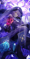 Rule 34 | 1girl, absurdres, black gloves, black shorts, black swan (honkai: star rail), blue flower, blue rose, boots, breasts, card, commentary, detached sleeves, dress, flower, from side, full body, gloves, head rest, highres, holding, holding card, honkai: star rail, honkai (series), large breasts, long hair, looking at viewer, purple dress, purple eyes, purple hair, purple hood, purple sleeves, rose, shorts, smile, solo, thigh boots, tvzk5523