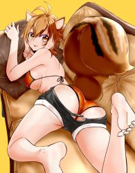 Rule 34 | 1girl, absurdres, animal ears, antenna hair, arc system works, artist request, ass, blazblue, bra, breasts, brown hair, couch, feet, from behind, hair between eyes, highres, large breasts, looking at viewer, looking back, lying, makoto nanaya, multicolored hair, on stomach, orange bra, orange eyes, orange panties, panties, pillow, short shorts, shorts, squirrel ears, squirrel tail, tail, two-tone hair, underwear, white hair