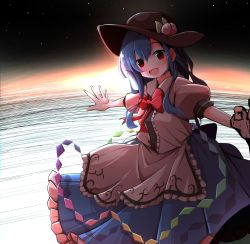 Rule 34 | 1girl, :d, absurdres, black headwear, blouse, blue hair, blue skirt, bow, bowtie, center frills, collared shirt, food, frills, fruit, highres, hinanawi tenshi, holding hands, leaf, long hair, looking at viewer, nagaresimasu, open mouth, outdoors, peach, puffy short sleeves, puffy sleeves, rainbow order, red bow, red eyes, red neckwear, shirt, short sleeves, skirt, smile, solo focus, space, standing, sun, touhou, white shirt