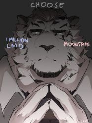 Rule 34 | 1boy, animal ears, arknights, bad id, bad twitter id, character name, english text, furry, furry male, highres, looking at viewer, male focus, meme, mountain (arknights), sak (sakarov ), scar, scar across eye, scar on face, short hair, solo, tiger boy, tiger ears, white fur, white hair