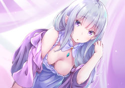 Rule 34 | 1girl, :o, adjusting hair, areola slip, arm up, bit (keikou syrup), blunt bangs, breasts, cleavage, commentary, detached collar, downblouse, dress, emilia (re:zero), hanging breasts, highres, jewelry, leaning forward, long hair, long sleeves, looking at viewer, medium breasts, nightgown, no bra, off shoulder, open mouth, pendant, pointy ears, purple eyes, purple shirt, re:zero kara hajimeru isekai seikatsu, shirt, sidelocks, silver hair, simple background, solo, white shirt